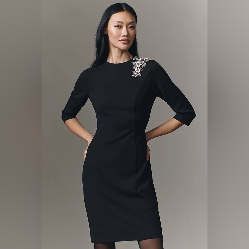 Anthropologie Adrianna Papell Black 3D Floral Half Sleeve Dress 16 NWT